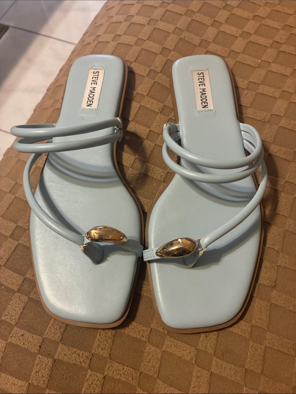Steve Madden Pale Blue Strappy Toe-Loop Sandals with Gold Accent